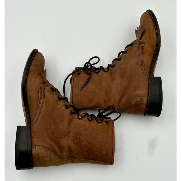 Laredo Boots Kiltie Fringe Womens 7M Lace-Up Roper Brown Leather USA Made - Picture 8 of 10